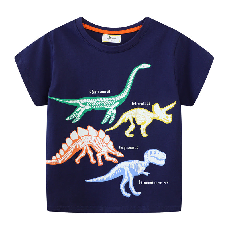 Remera azul marino con estampas de dino fosforescente