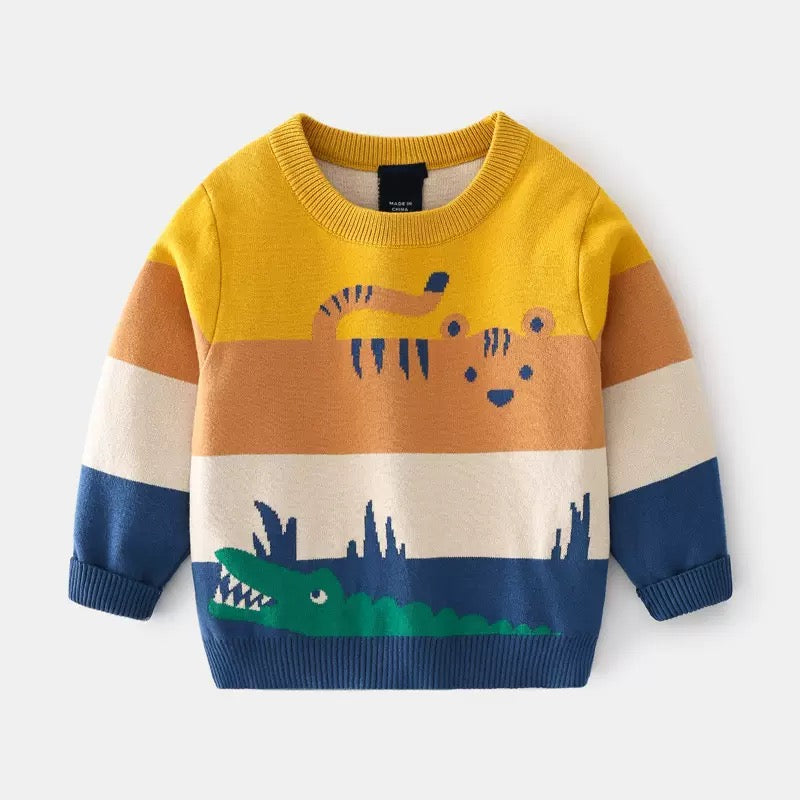 Abrigo de hilo con tres colores y estampas de animales