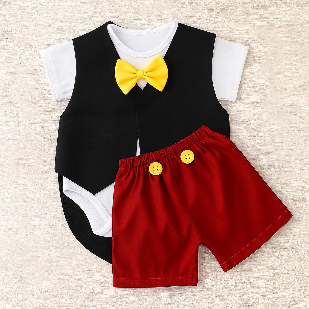 Remera blanca con chaleco y short estilo Mickey Mouse