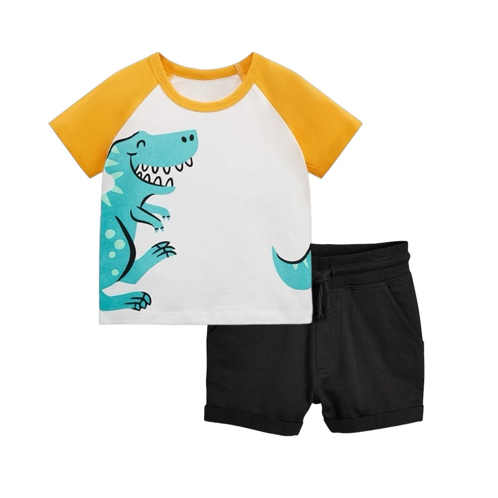 Remera blanco con amarillo de dino y short negro