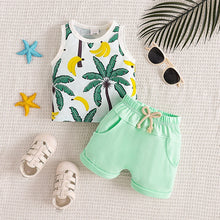 Cargar imagen en el visor de la galería, Camisilla con estampas de palmeras, bananas y short verde agua
