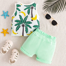 Cargar imagen en el visor de la galería, Camisilla con estampas de palmeras, bananas y short verde agua
