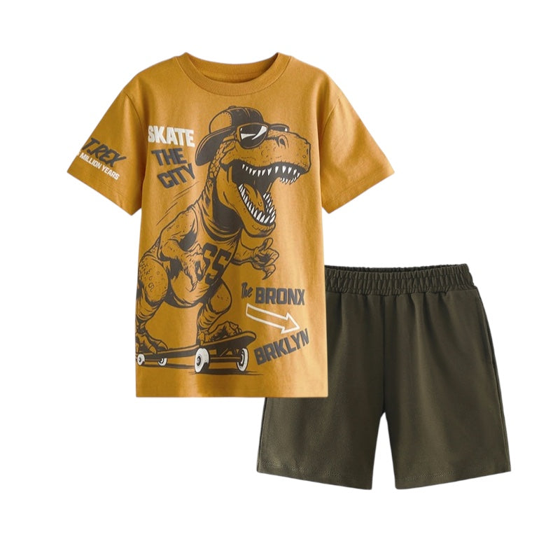 Remera mostaza con estampa de dino con short marrón