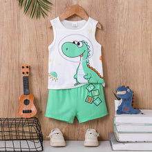 Carregar imagem no visualizador da galeria, Camisilla blanco con estampa de dino y short verde agua

