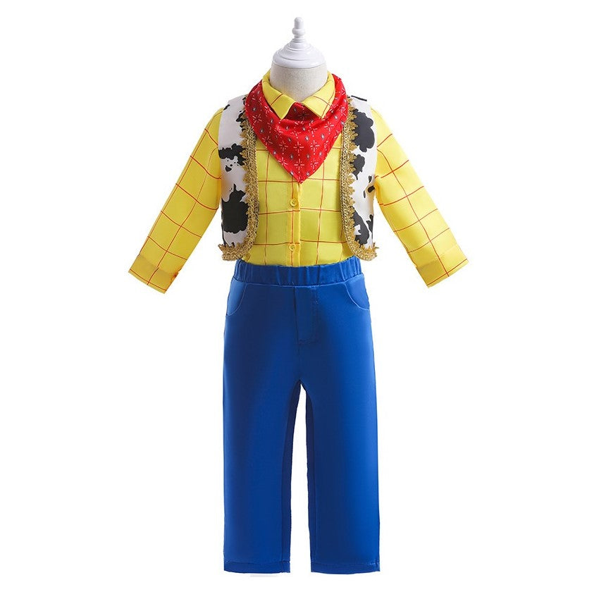 Camisa amarilla, pantalón azul y chaleco de vaca estilo Woody de Toy Story