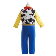 Cargar imagen en el visor de la galería, Camisa amarilla, pantalón azul y chaleco de vaca estilo Woody de Toy Story
