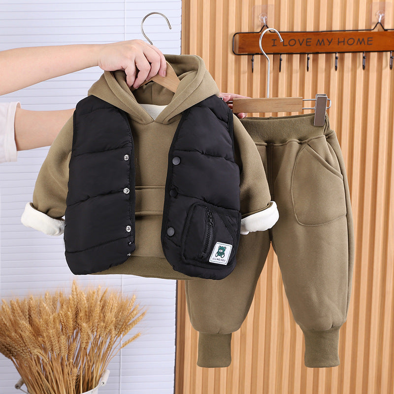 Abrigo con capucha de orejas de oso, chaleco de pluma y pantalón