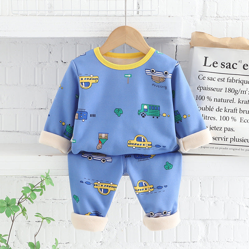 Abrigo y pantalón  Azul de forro polar con estampas de vehículos
