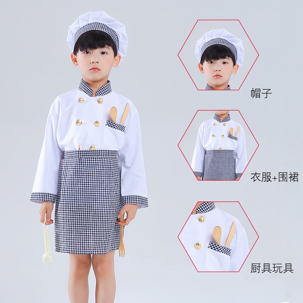 Disfraz de Chef blanco con delantal cuadrille con gorra con 4 accesorios