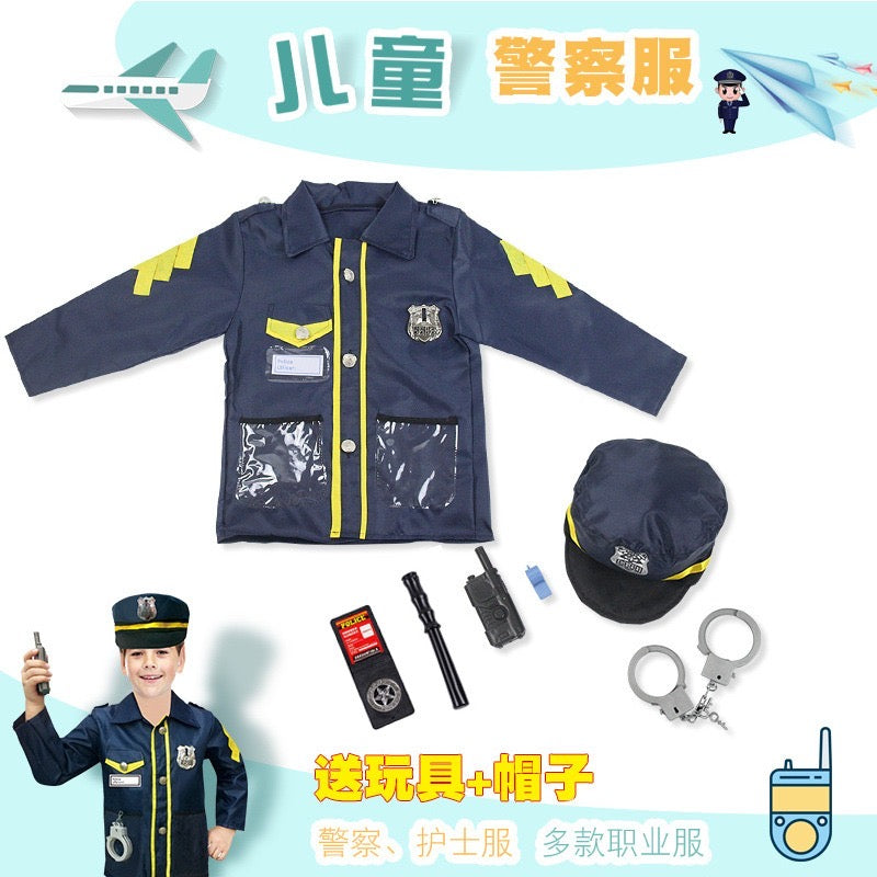 Disfraz de policia azul marino, detalles dorado y gorra con 5 accesorios