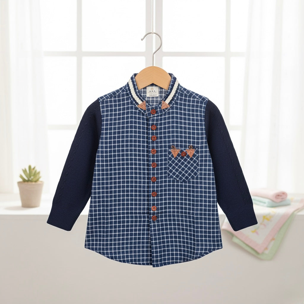 Camisa azul cuadrille con mangas de hilo