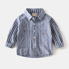 Cargar imagen en el visor de la galería, Camisa tipo jeans azul con rayas y bolsillos
