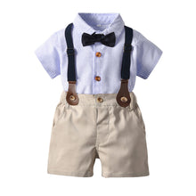 Carregar imagem no visualizador da galeria, Camisa a rayas con short, tirantes y moño azul marino
