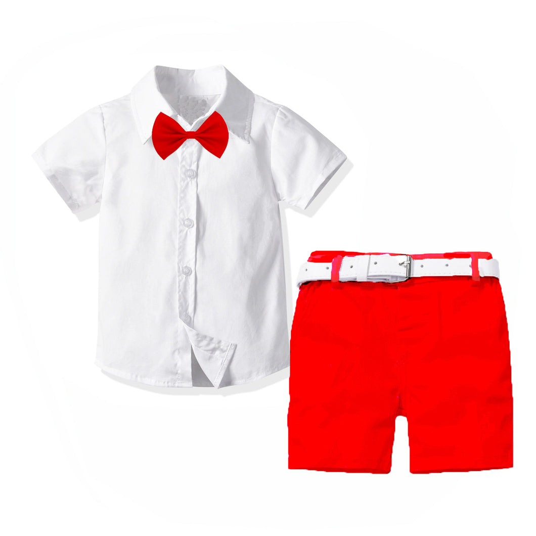 Camisa blanco con short rojo, moño y cinto