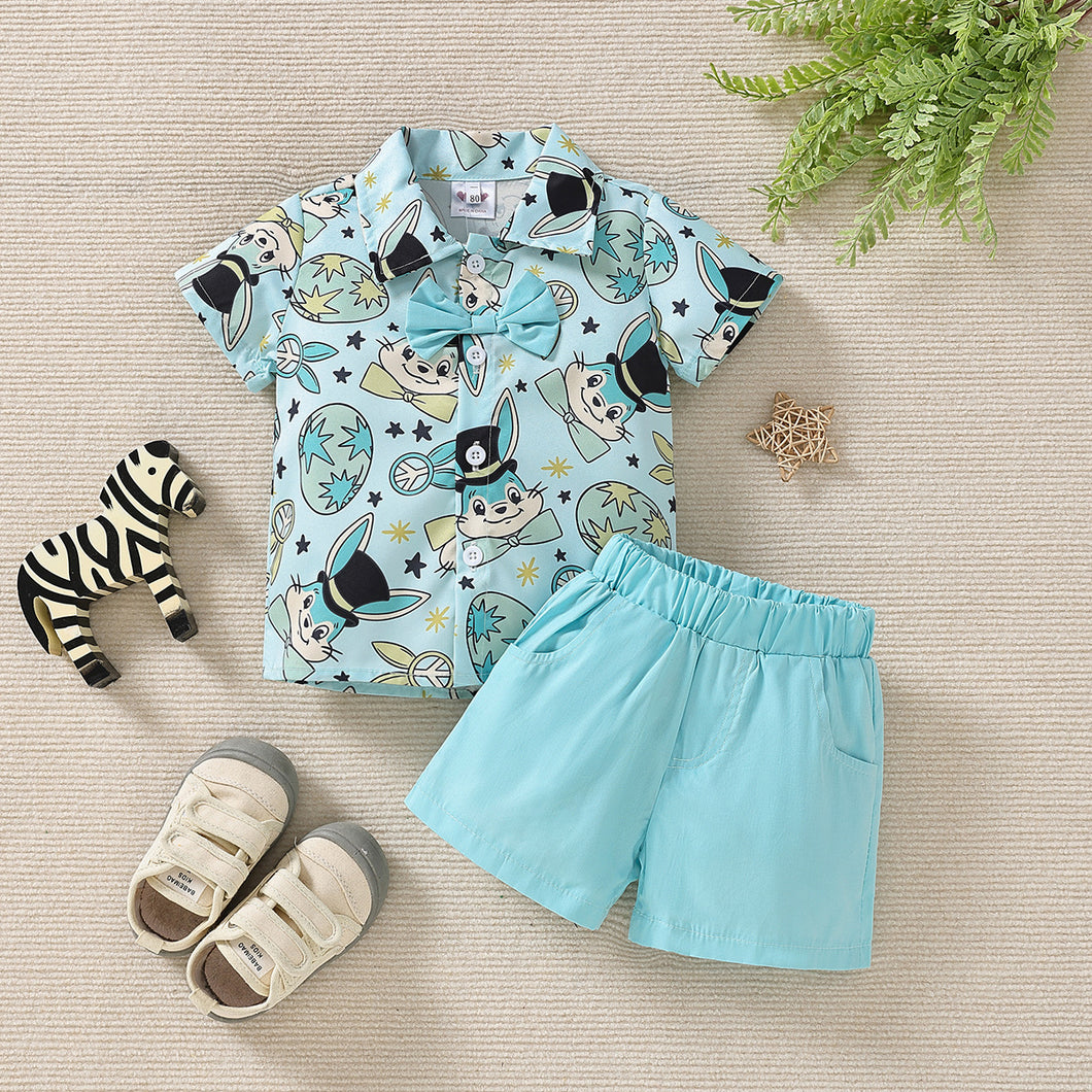 Camisa celeste de conejos con moño y short