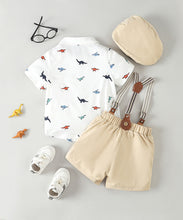 Cargar imagen en el visor de la galería, Camisa blanca con estampas de dino, moño,boina y short con tirante crema
