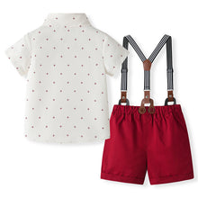 Cargar imagen en el visor de la galería, Camisa blanca con estampas, moño y short bordo con tirante
