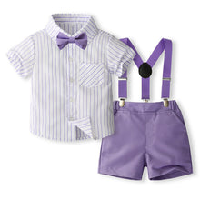 Cargar imagen en el visor de la galería, Camisa blanca a rayas con moño, short y tirantes lila
