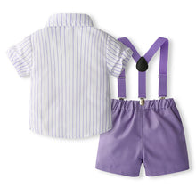 Cargar imagen en el visor de la galería, Camisa blanca a rayas con moño, short y tirantes lila
