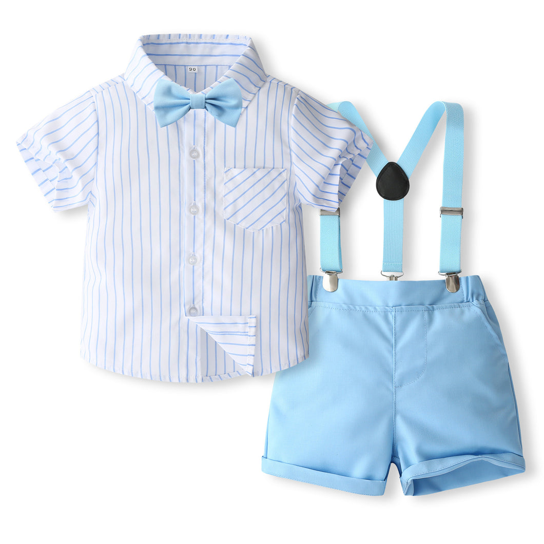 Camisa blanca a rayas con moño, short y tirantes celeste