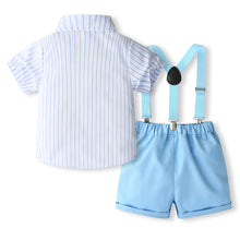 Carregar imagem no visualizador da galeria, Camisa blanca a rayas con moño, short y tirantes celeste
