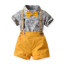 Carregar imagem no visualizador da galeria, Camisa azul con estampas de flores, moño y short mostaza con tirante
