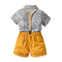 Carregar imagem no visualizador da galeria, Camisa azul con estampas de flores, moño y short mostaza con tirante
