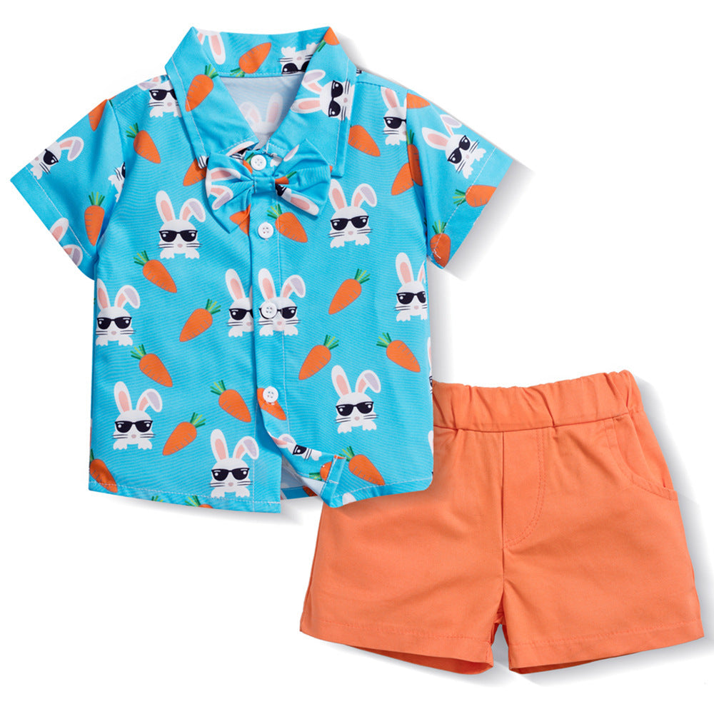 Camisa celeste de conejos con moño y short naranja