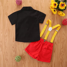 Carregar imagem no visualizador da galeria, Camisa negra con short rojo y moño con tirante amarillo estilo Mickey Mouse
