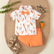 Carregar imagem no visualizador da galeria, Camisa blanca de conejo con zanahoria y short naranja con moño
