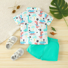 Carregar imagem no visualizador da galeria, Camisa blanca con estampas de dino y short verde agua
