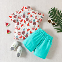 Carregar imagem no visualizador da galeria, Camisa crema con estampas de frutas y short turquesa
