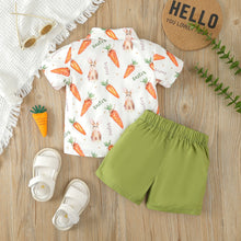Carregar imagem no visualizador da galeria, Camisa blanca de conejos con zanahorias y short con moño verde musgo
