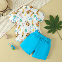 Carregar imagem no visualizador da galeria, Camisa blanca con estampas de conejos y short celeste con moño
