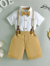 Carregar imagem no visualizador da galeria, Camisa blanco con short beige, tirante cuadrille y moño
