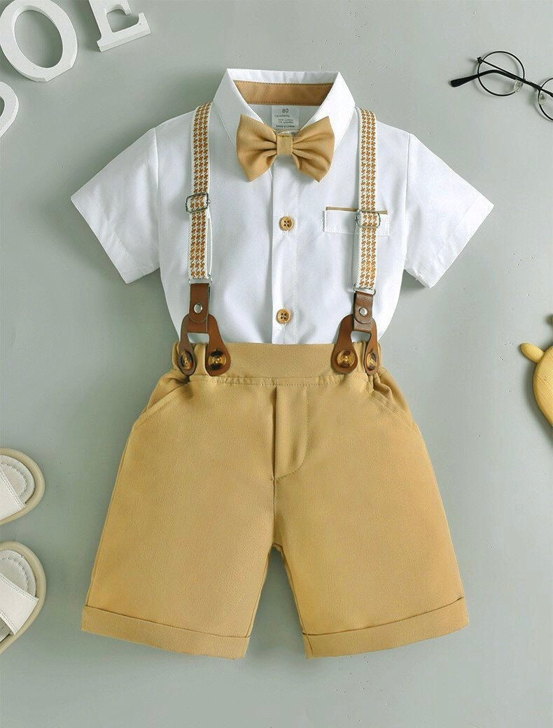 Camisa blanco con short beige, tirante cuadrille y moño