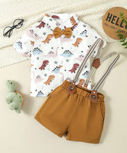 Carregar imagem no visualizador da galeria, Camisa blanco estampado de dino con short caqui, tirante y moño
