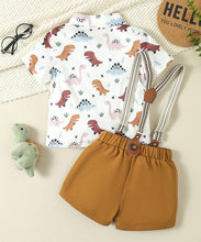 Carregar imagem no visualizador da galeria, Camisa blanco estampado de dino con short caqui, tirante y moño
