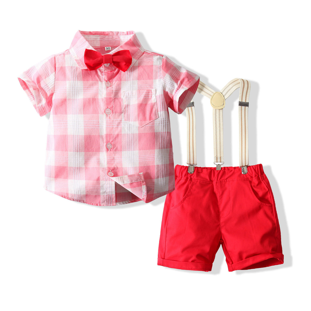 Camisa cuadrille con short rojo , tirante y moño
