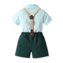 Carregar imagem no visualizador da galeria, Camisa celeste, short y moño verde con tirante beige
