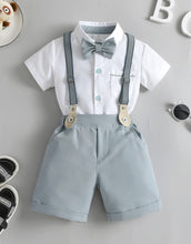 Cargar imagen en el visor de la galería, Camisa blanco con short, moño y tirante gris
