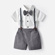 Carregar imagem no visualizador da galeria, Camisa blanco con short, moño gris oscuro y tirante azul marino
