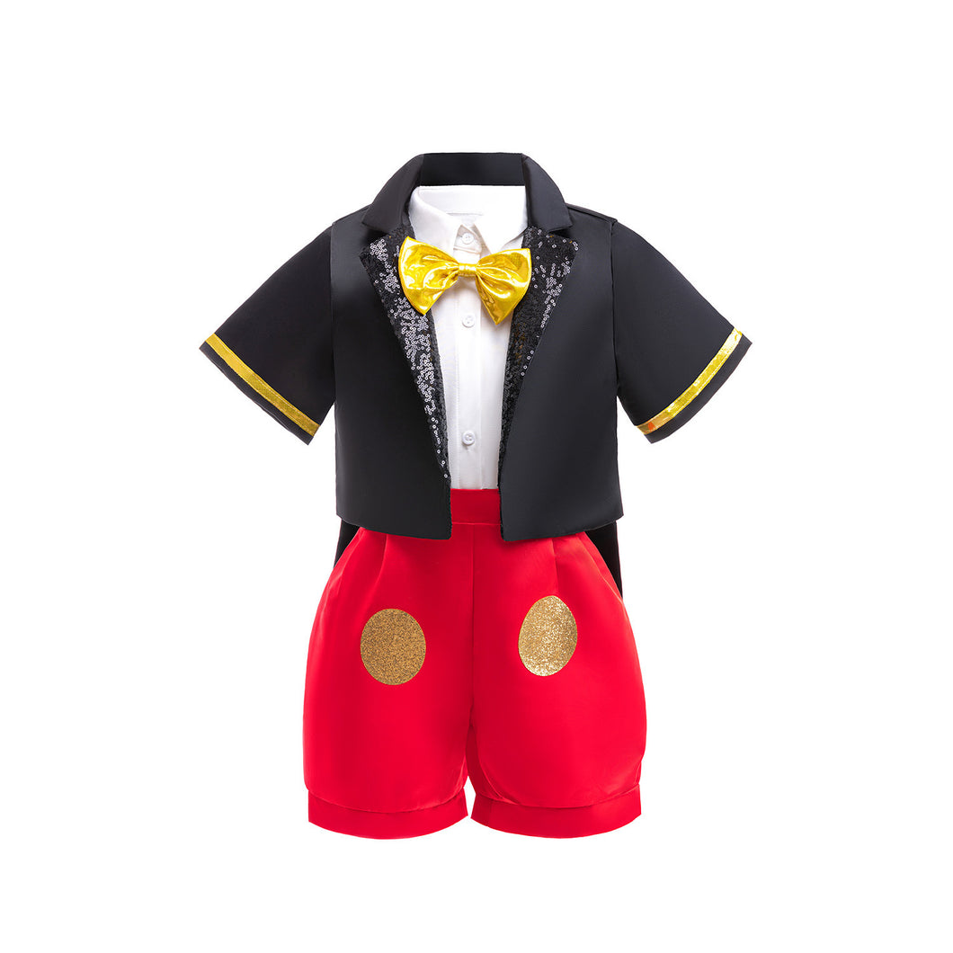 Saco negro con camisa blanco, short rojo, tirante y moño amarillo estilo Mickey Mouse