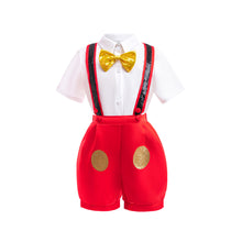 Carregar imagem no visualizador da galeria, Saco negro con camisa blanco, short rojo, tirante y moño amarillo estilo Mickey Mouse
