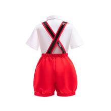 Carregar imagem no visualizador da galeria, Saco negro con camisa blanco, short rojo, tirante y moño amarillo estilo Mickey Mouse
