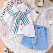 Carregar imagem no visualizador da galeria, Camisa blanco estilo marinero con short celeste
