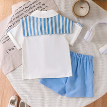 Carregar imagem no visualizador da galeria, Camisa blanco estilo marinero con short celeste
