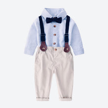 Carregar imagem no visualizador da galeria, Camisa a rayas con pantalón gris y tirante con moño
