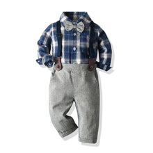 Carregar imagem no visualizador da galeria, Camisa azul cuadrille, pantalón gris con tirantes y moño
