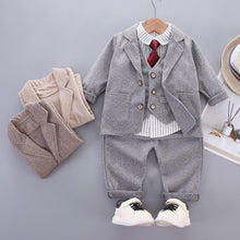 Cargar imagen en el visor de la galería, Camisa a rayas con corbata, saco con chaleco y pantalón
